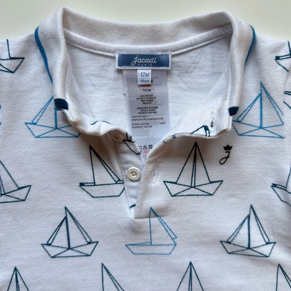 Jacadi Boys White Pique Knit Polo Shirt with Blue Sailboat Print - Size 12M